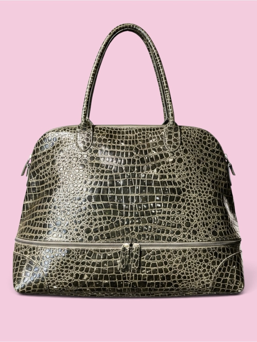 Croc-Embossed Top-Handle Tote Bag in Olive Green